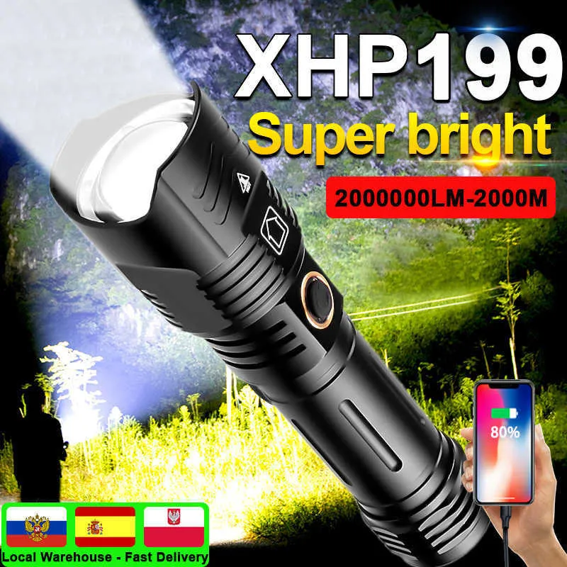 Lanternas Lanternas 2000000LM Super Brilhante Led Lanterna XHP199 Mais Potente Alta Potência Lanterna Recarregável Tactical Flash Light 26650 Lâmpada L221014