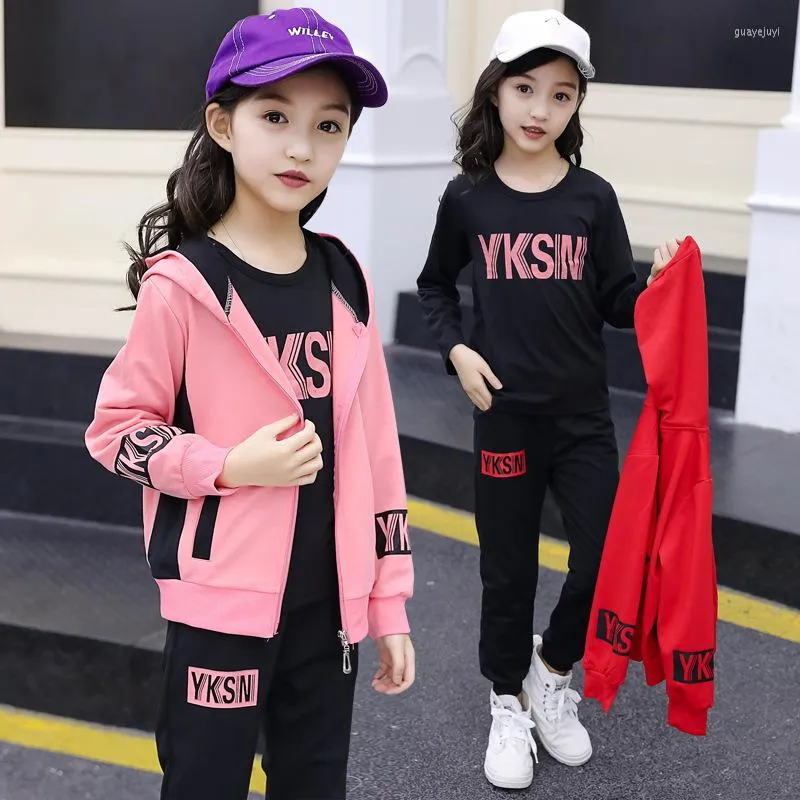 Ensembles de vêtements costume de sport pour filles 3 pièces/ensemble vêtements pour enfants sweat à capuche en coton T-shirts pantalons enfants survêtement 5 6 7 8 9 10 12 ans