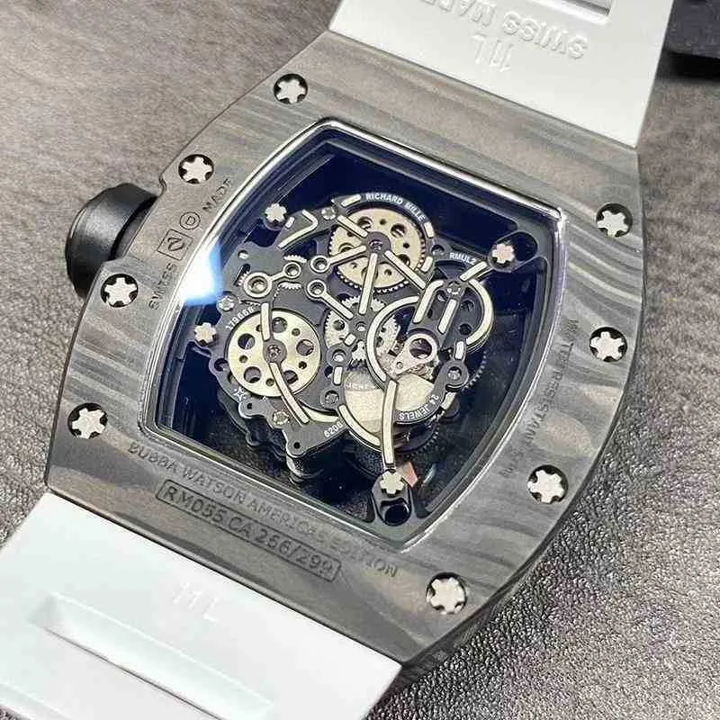 Zakelijk Vrije tijd Rm055 Volautomatisch mechanisch horloge Koolstofvezelkast Wit rubberen bandhorloge Mannelijke C7H4