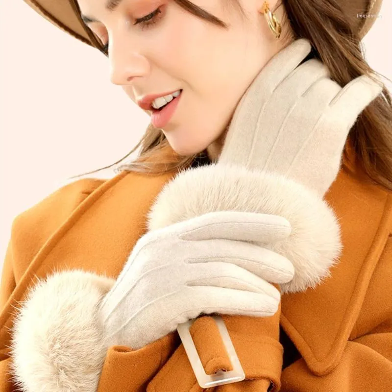 Vijf Vingers Handschoenen Mode Bont Vrouwen Winter Kasjmier Touchscreen Leuke Harige Warme Wanten Vrouwelijke Volledige Vinger Wollen Wanten