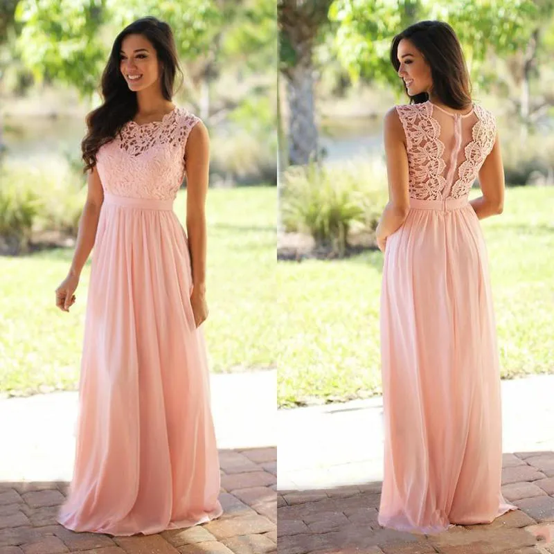 Long Pink Bridesmaid Dresses Lace Top Chiffon Skirt Floor Length Fashion Design Party Gowns vestido de festa de casamento