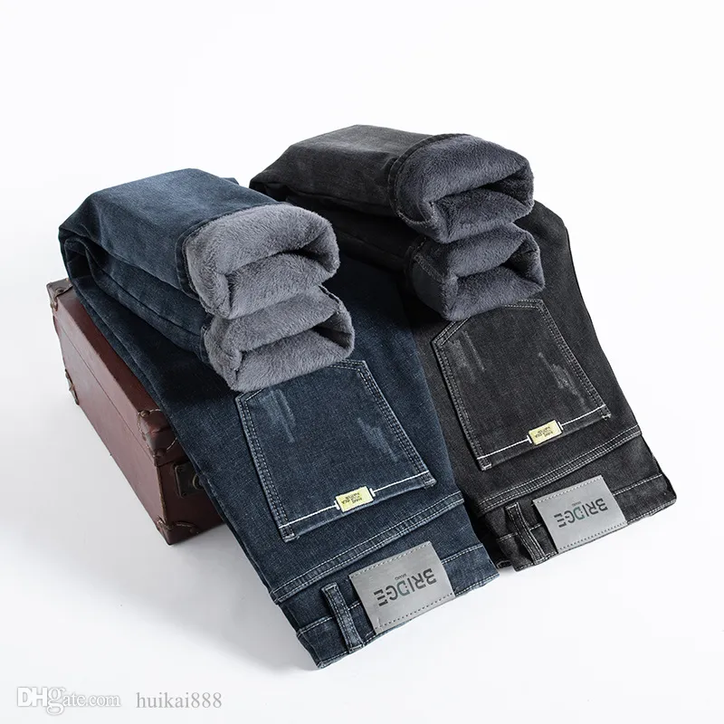 Herfst en winter heren jeans mode stretch met fluwelen dikke man jeans slanke kleine rechte buis warm groot formaat casual broek