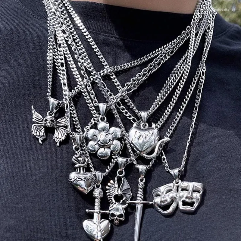 Chaînes Y2K Vintage Esthétique Coeur Crâne Pendentif Colliers Pour Hommes Femmes Punk Hip Hop Goth Emo Soleil Lune Mode Adolescents Collier Bijoux