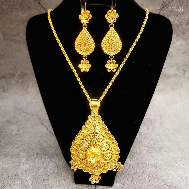 Gold Flower Necklace Earrings Set Turkish Style Hollow Arabic Bridal Jewelry