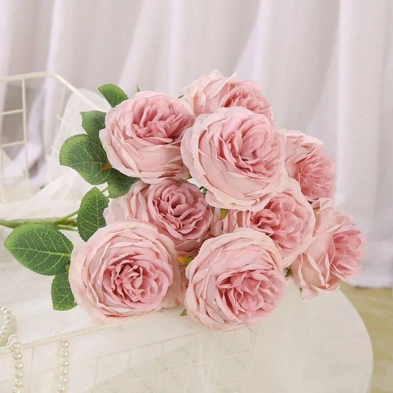 Flores decorativas 2022 Simulação 10 Austin Roses Bouquet Home Room de sala de jantar Mesa de jantar Decoração de casamento Fake Artificial High Quality