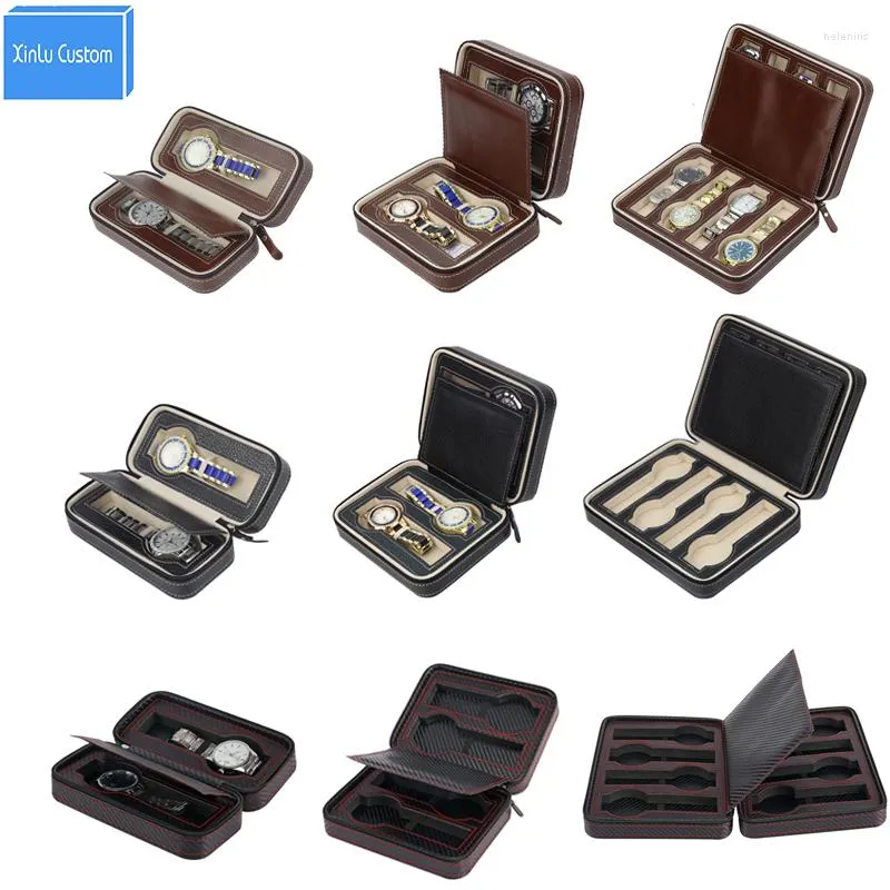 Titta på lådor 2/4/8 rutnät Brown/Black/Black Carbon Sew Pu Leather Sport Protect Watches Box Case Travel Port Display Storage Organizer