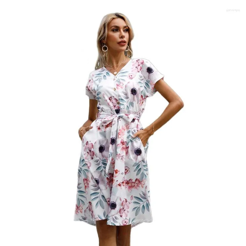 Casual Dresses 2022 Summer European and American Women's Foreign Trade Printing midja Kort ärmklänning Kvinna