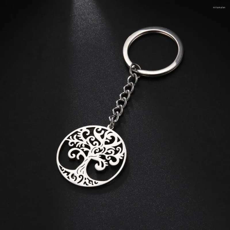 Keychains My Shape Hollowed Tree of Life Round Pendant Keychain For Women Män Rostfritt stål Key Chain Rings Vintage Jewrlry Accessories