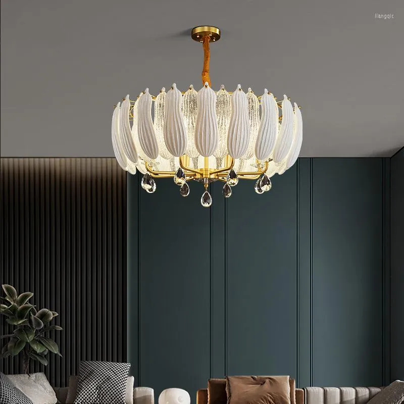 Lampadari moderni a LED per soggiorno, sala da pranzo, camera da letto, cucina, lampada a sospensione in vetro con piume di lusso in oro e decorazioni artistiche