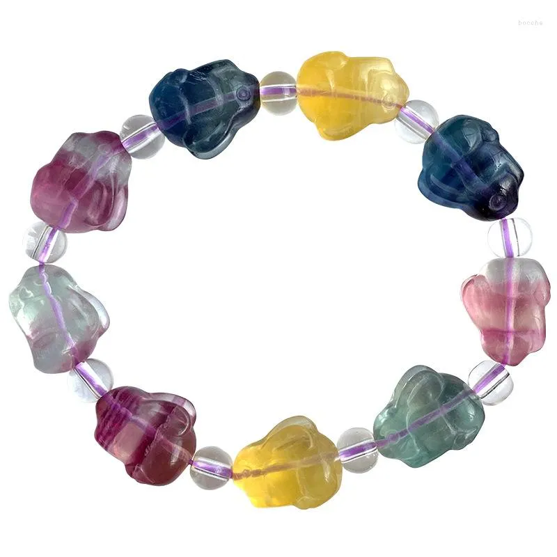 Strand Wholesale Colorful Natural Fluorite Stone Bracelet Carved Cute Zodiac Bead Crystal Hand Row For Women Men Fashion Jewelry