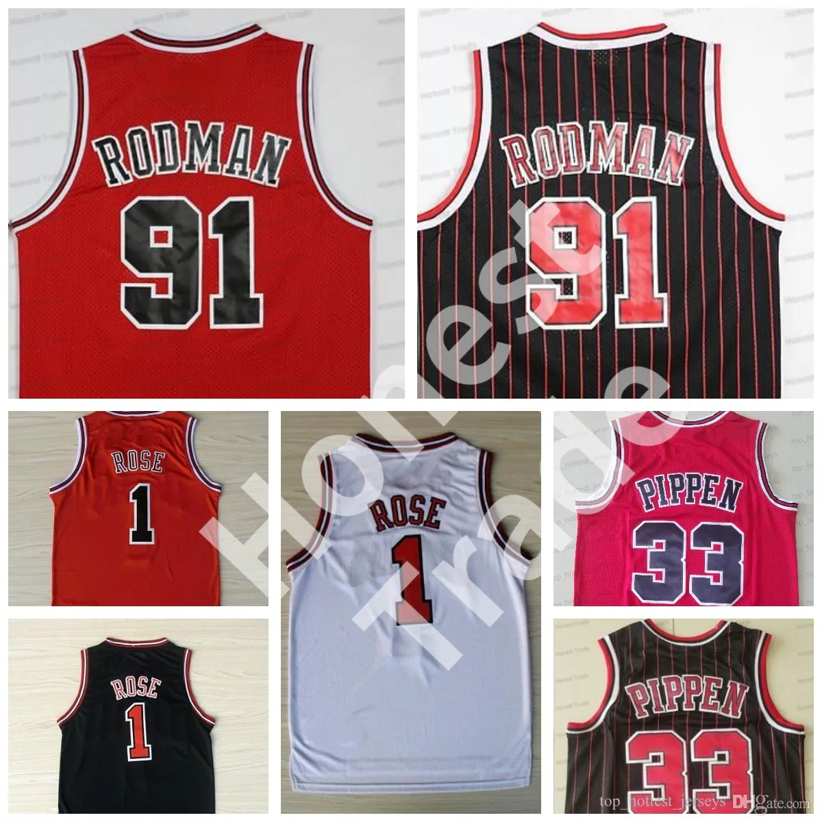 Retro Derrick Rose Black Pinstripe Basketball Jersey 91 Dennis Rodman 33 Scottie Pippen Red White Stitched Vintage Mens Maglie Mesh