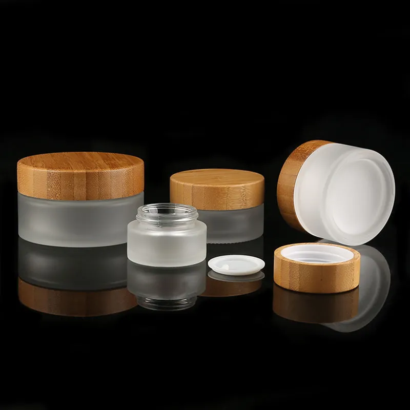 Garrafas de embalagem bonés de bambu Creme de vidro fosco redondo frascos de cosméticos Manam