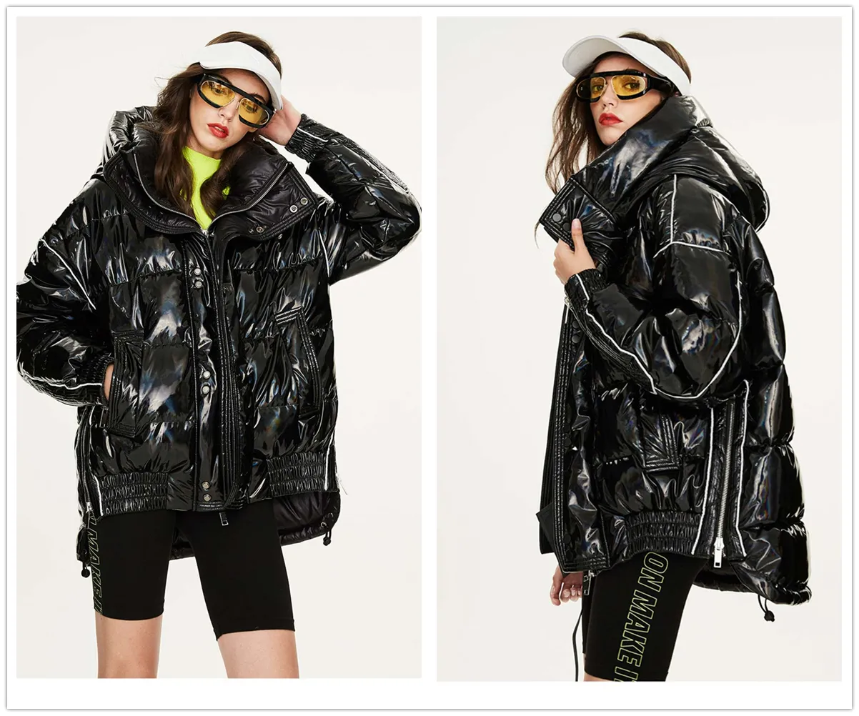 Kadın Moda Tasarımcısı Kalın Down Ceketler Kadın Büyük Boyutu Dış Giyim Kapşonlu Bling Şerit Kış Palto