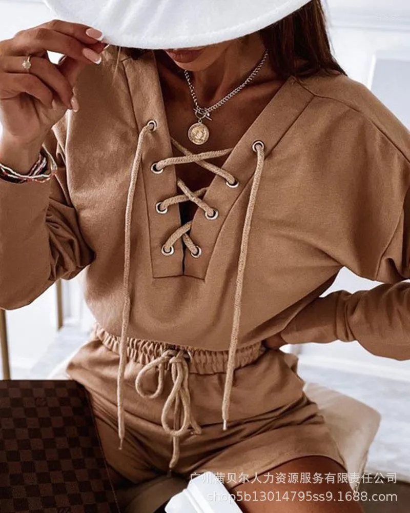 Wepbel Womens Tracksuit Set With V Neck Khaki Shorts Women And