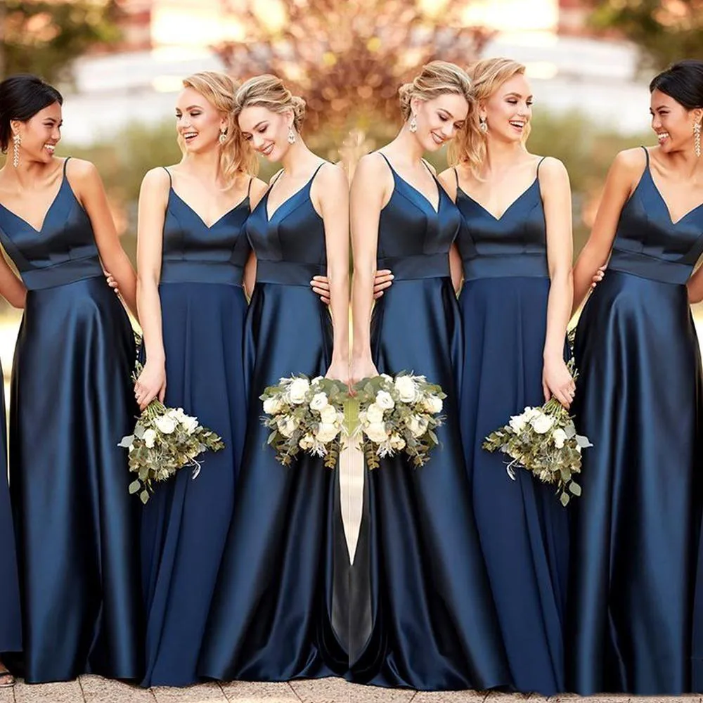 Cheap Navy Blue A-Line Bridesmaid Dresses Long Satin Floor Length Spaghetti Straps Wedding Party Dress Maid of Honor Dress Custom