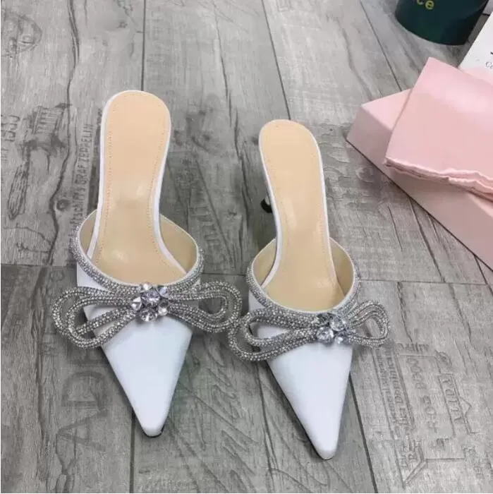 Evening Shoes Dress Shoe Ladies Heeled Silk Crystal Embellished Double Bow Mules Rhinestone Stiletto Heels Women 'S Heel