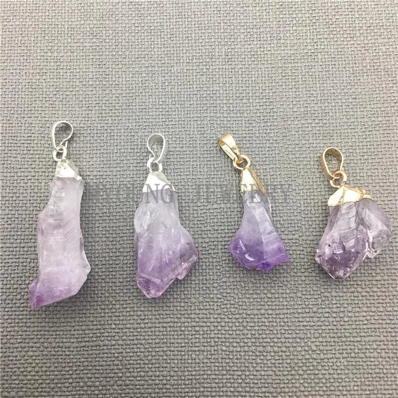 Pendant Necklaces Free Form Purple Crystal Stalactite Point Amethysts Charm Gold&Silver Electroplated Cap MY0034