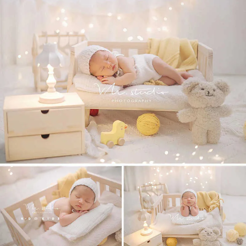 Taufkleider 2022 Neugeborene Fotografie Requisiten Möbel Holz Bett Nachttisch Bebe Fotozubehör Recien Baby Mädchen Outfit Kleidung Hintergrund T221014