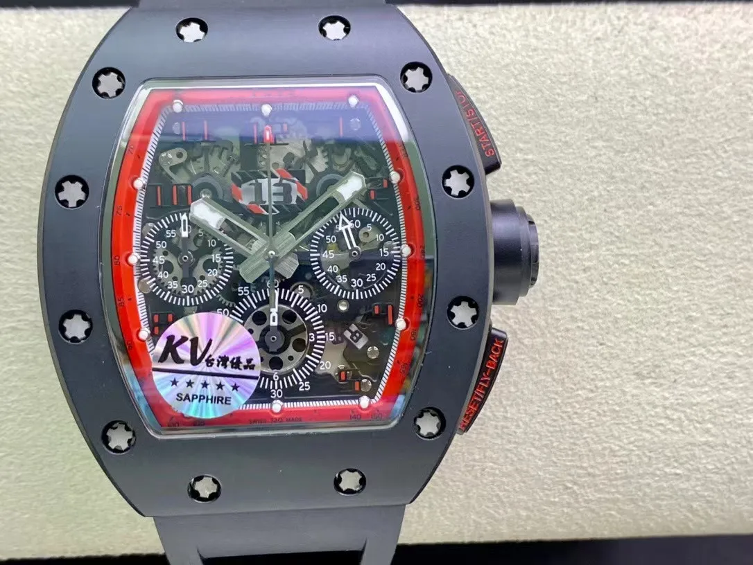 KV RM011 Watchには7750タイムキーピング機能セラミックマテリアルケースサファイアクリスタルガラスミラー天然ゴム時計バンドが装備されています