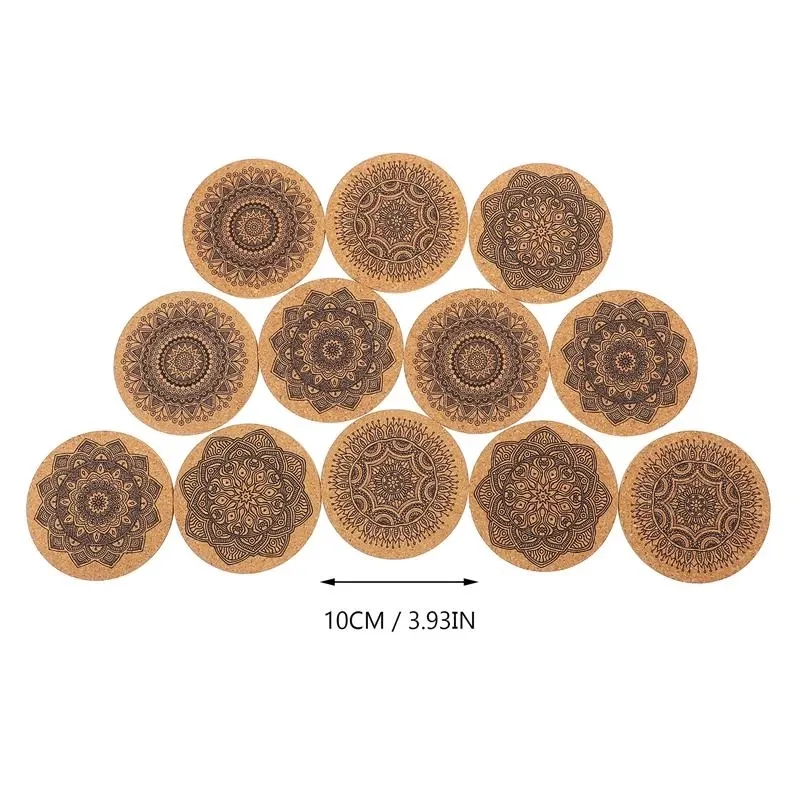 Creative Nordic Mandala Design Round Shape Mats Wooden Coasters With Rack Round Cork Coaster