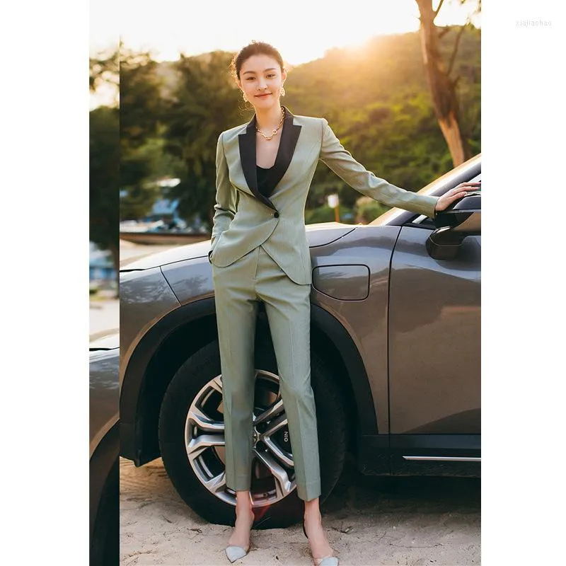 Women's Two Piece Pants High Quality Suits For Female Black Splice Collar Blazer Jacket Ankle-Length Peaked Lapel Professional Women Coat