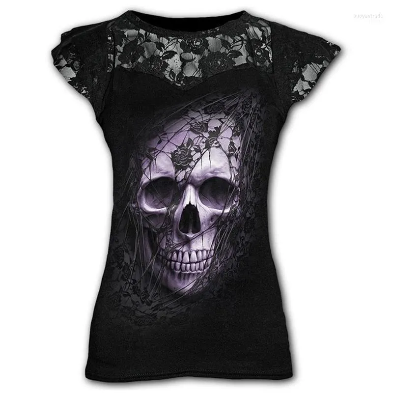 T-shirt da donna T-shirt da donna 2022 Plus Size Goth Graphic Lace per abbigliamento donna Nero Grunge Punk Tees Ladies Y2k Top a manica corta