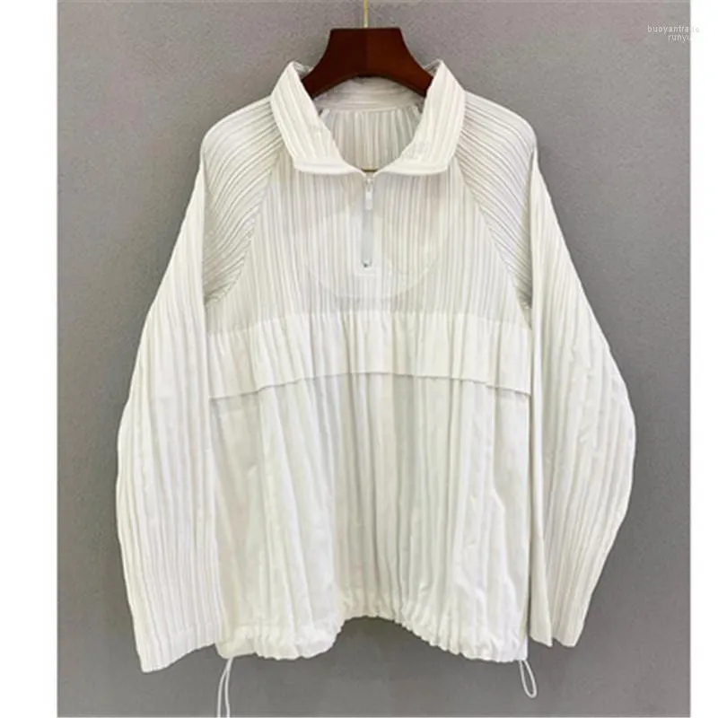 Women's Jackets Women's Miyake Pleated Top Fall 2022 White Large Size Slimming Stand-up Collar Zipper Long-sleeved Shirt Sweater Women