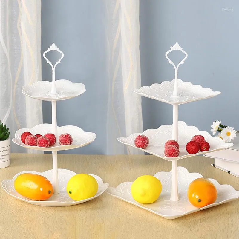 Ustensiles de cuisson Support de tour de gâteau à 3 couches Plateau de présentation de collation de bonbons aux fruits de style européen avec poignée pour anniversaire, fête de mariage