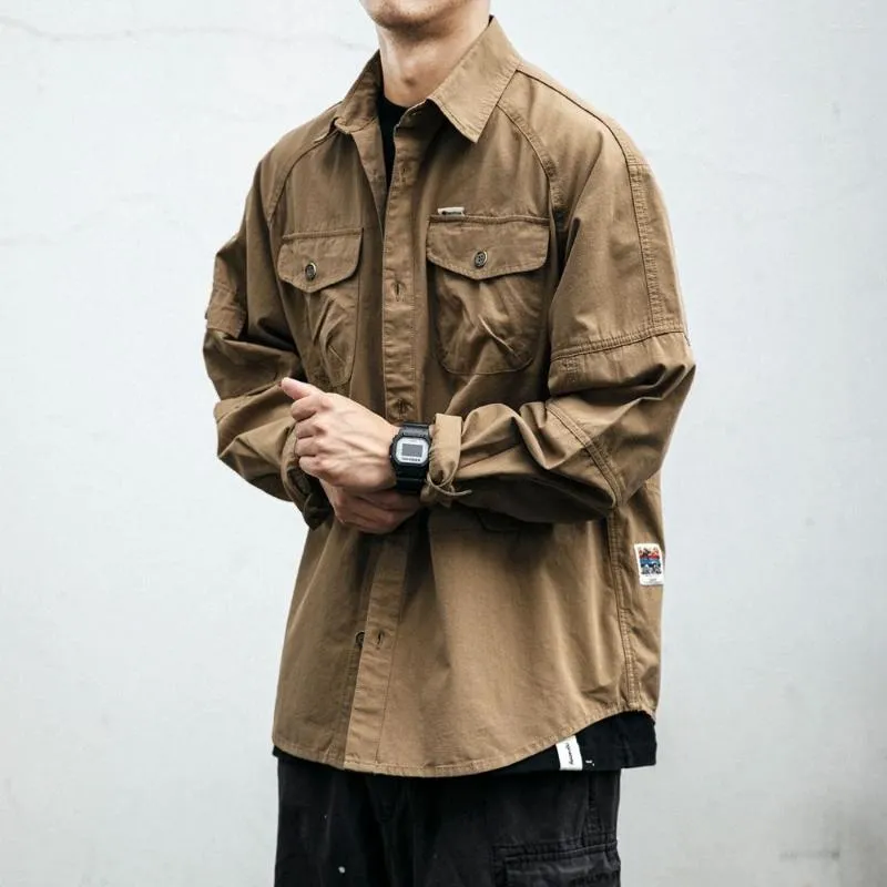 Мужские куртки весенняя осень американская рубашка для инструментов пальто с длинным рукавом открытая куртка свободная карманные топы корейский дизайн одежды для дизайна одежды