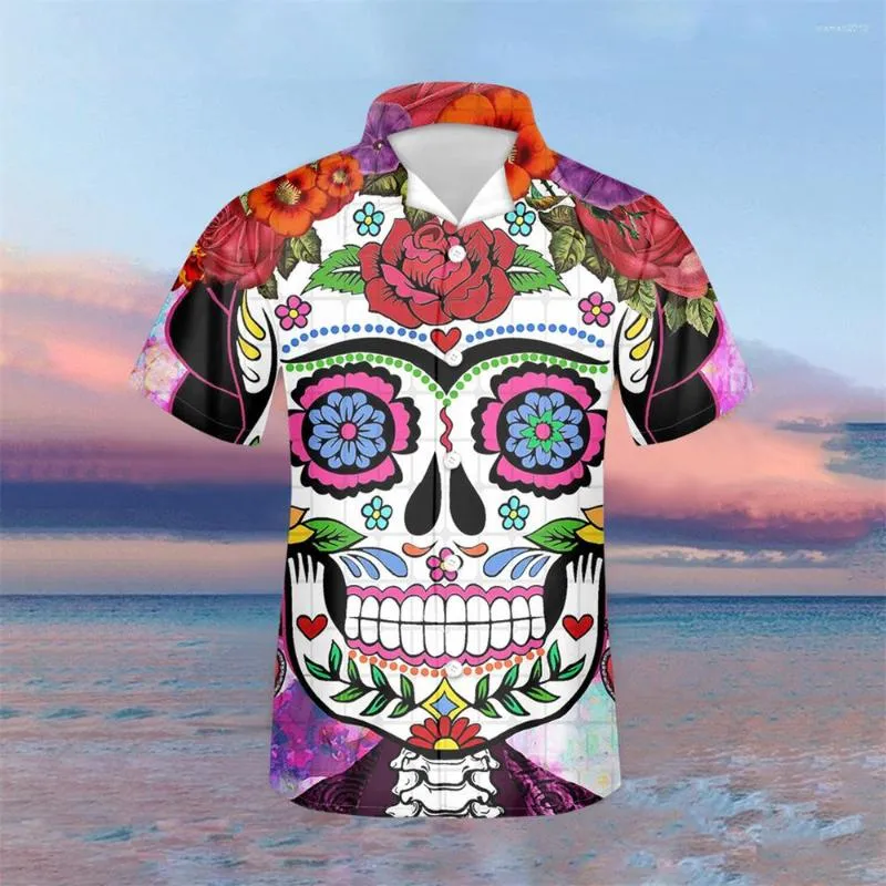 Casual shirts voor heren Mexicaans gotisch suiker schedelpatroon heren Cubaans shirt 2022 zomer korte mouw strandtoppen voor mannelijke losse vakantie