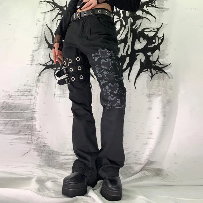 Jeans feminino gótico grunge preto harajuku bandagem vintage calça de carga e-garota punk fivela reta calça longa mulher y2k
