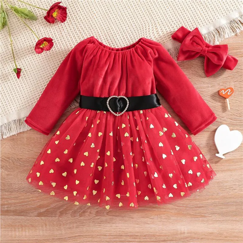 Robes de fille en bas âge pour bébé fille d'automne robe de la Saint-Valentin amour coeur imprimé velours manches longues en tulle celle et bandeau 1-5y