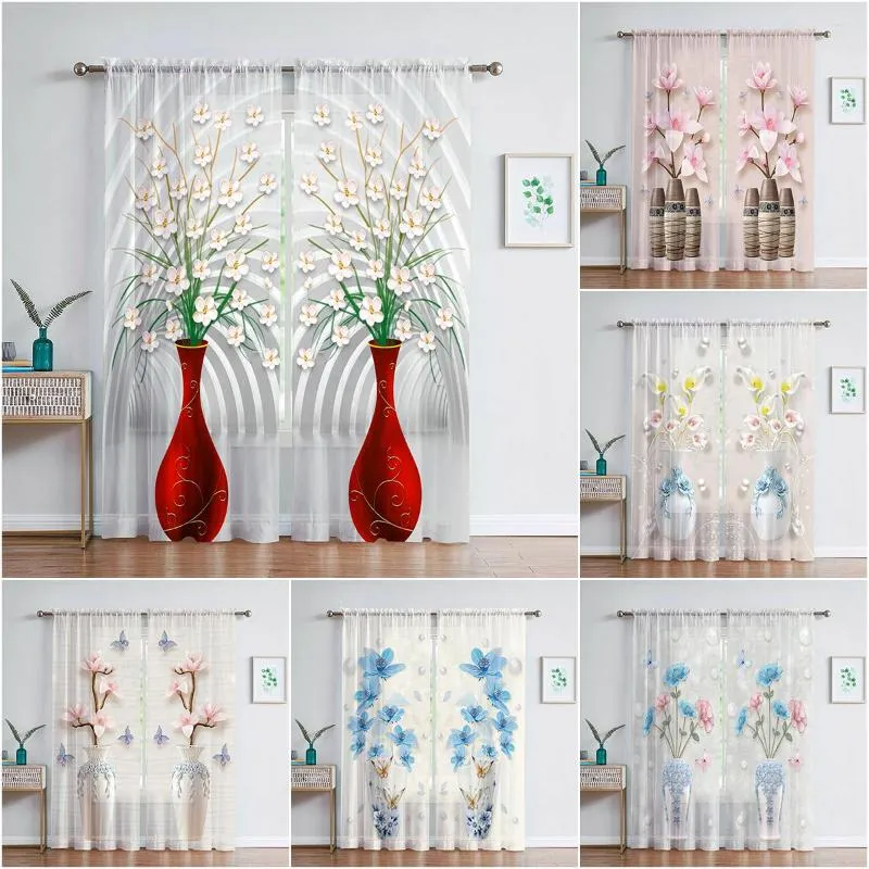 Curtain Delicate Vases Curtains For Living Room Transparent Tulle Sheer Window The Bedroom Accessories Decor