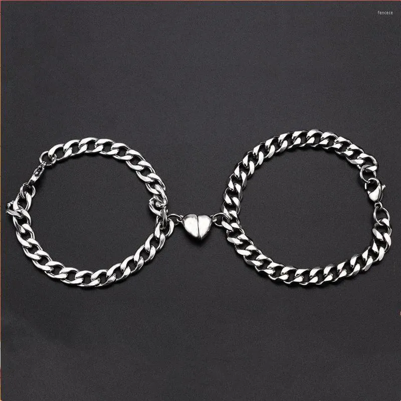 Bracelets de link 2pcs / conjunto de ímãs de coração Atrair pulseira de casal Love Liche Lock Charm Jóias de aço inoxidável colar para mulheres homens homens