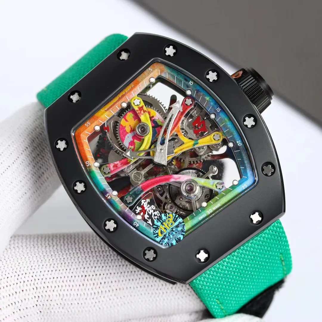 Tourbillon Series klocka RM68-01 Färgglad graffiti med helautomatiskt mekaniskt urverk safir reptålig glasspegel Keramiskt klockfodral