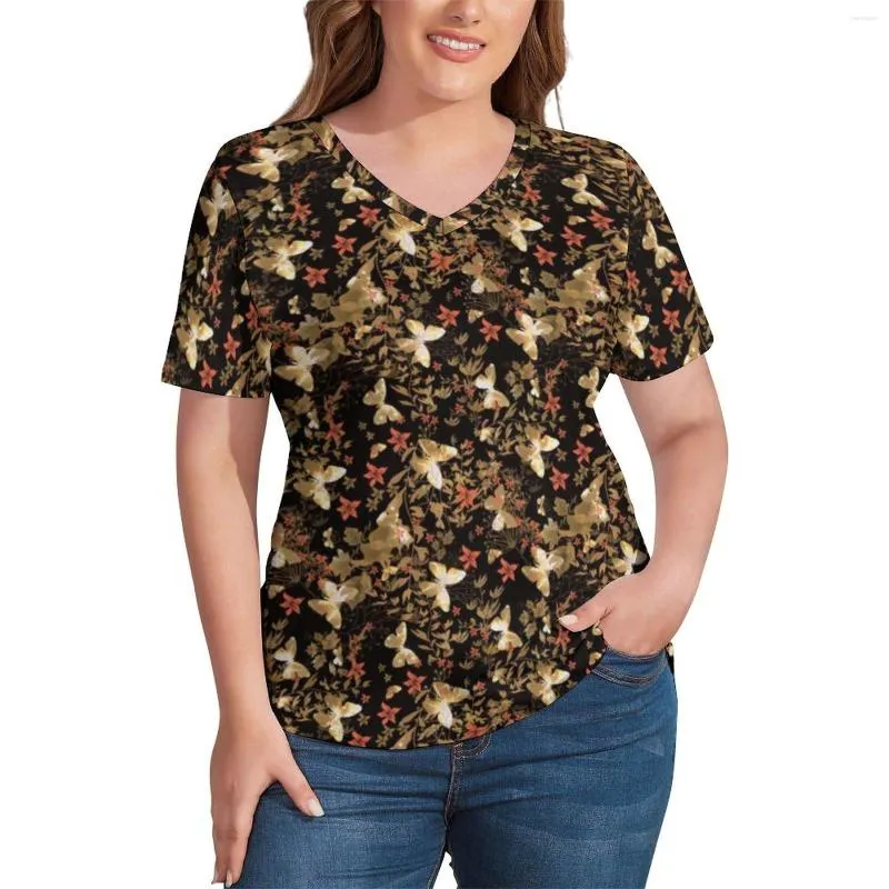 Hemd Gold Schmetterling S Rot Blumendruck Street Wear V-Ausschnitt T Kurzarm Modern Plus Size T-Shirt Kleidung Geschenkidee