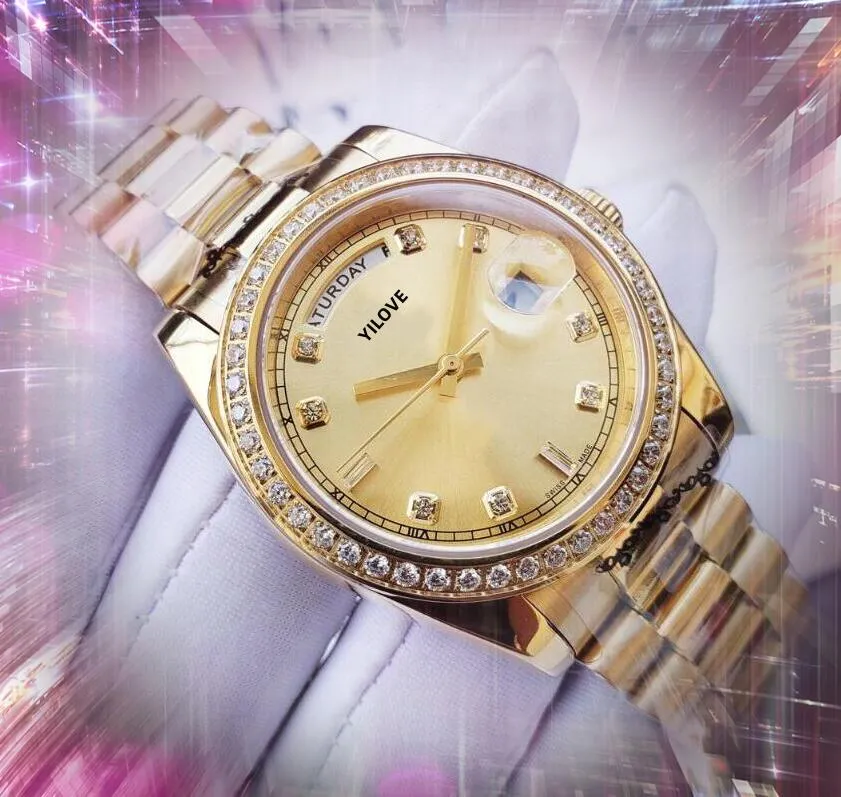 High-End-Mode-Damen-Diamant-Ringuhr, 36 mm, Datum, Uhrzeit, Woche, mechanische Uhren, Uhr, Automatik, Dating, Kleid, komplett goldene Farbe, Armband-Armbanduhr