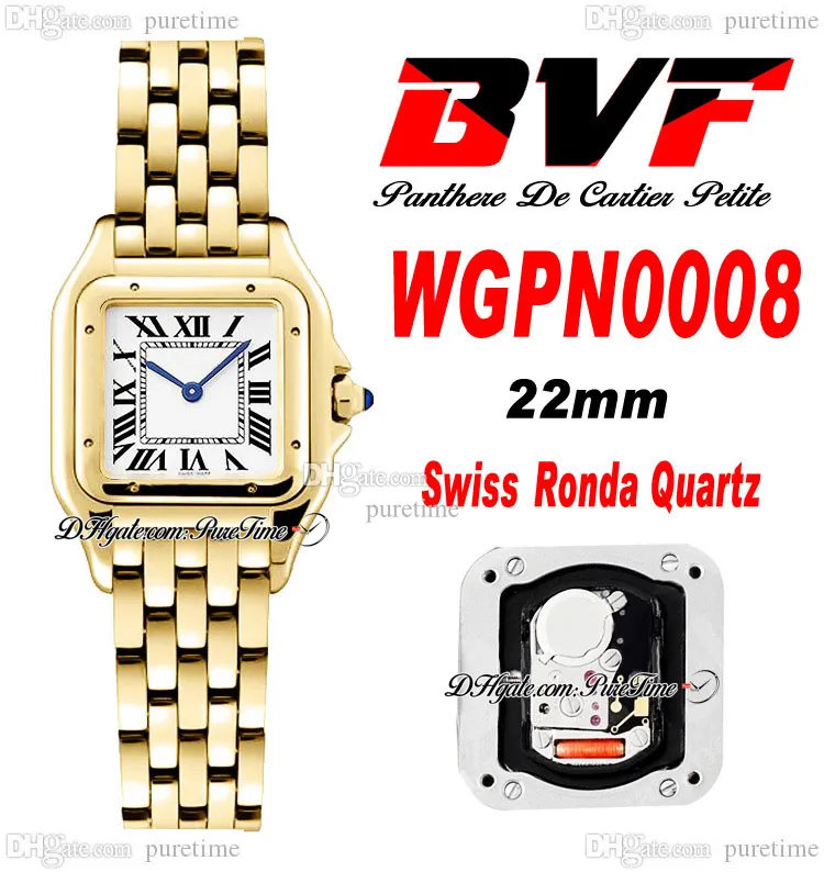 BVF WGPN0008 Swiss Ronda Quartz Ladies Watch 22mm 18Kイエローゴールドホワイトダイヤルブラックローマステンレス鋼ブレスレットレディーススーパーエディション純粋なC3