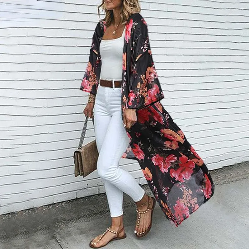 Women's Blouses Bohemian Printed Maxi Kimono Women's Summer 2022 Casual Long Sleeve Cover Up Female Floral Tunic Cardigan Tops