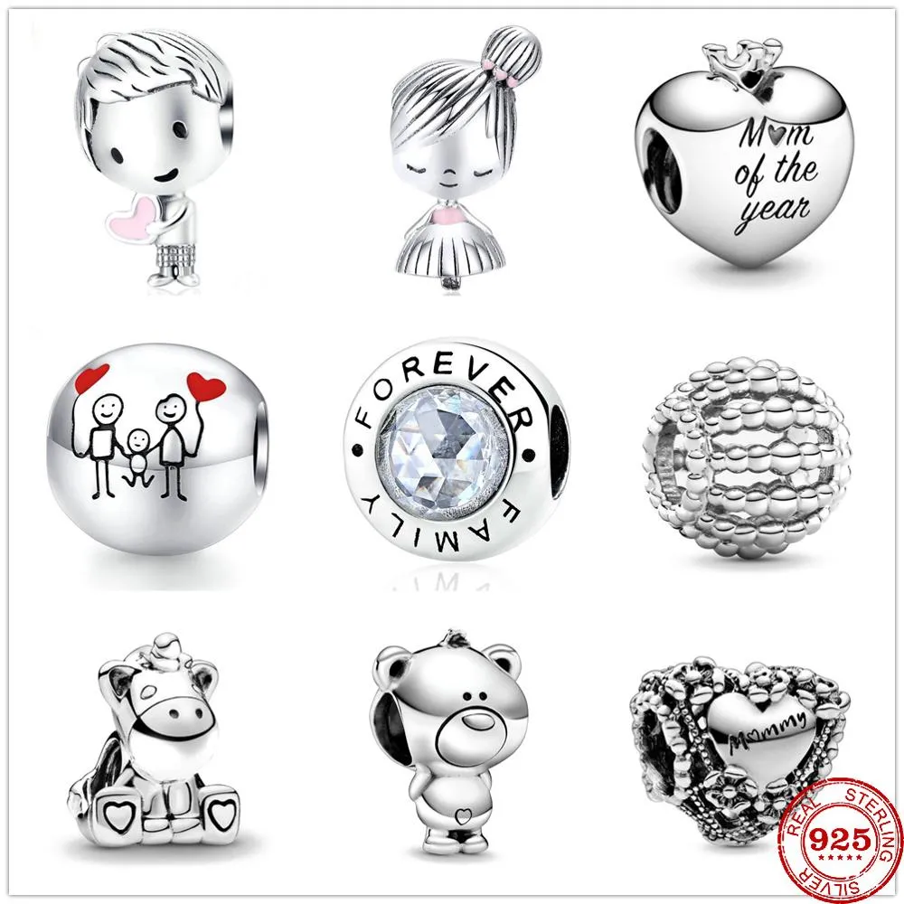 925 Sterling Silver Dangle Charm Beads High Quality Jewelry Gift Girl Unicorn Family Flower Heart Mummy Bead Fit Pandora Charms Bracelet DIY