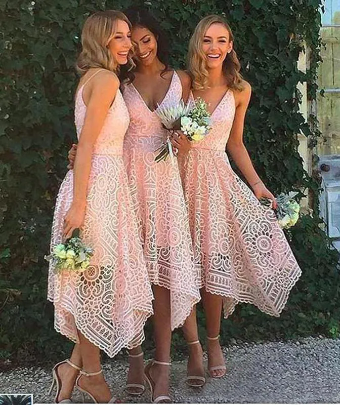 New Bridesmaid Dresses Tea-Length Blush Pink Navy Blue Lace Irregular Hem V Neck Maid of Honor Country Wedding Party Guest Gowns