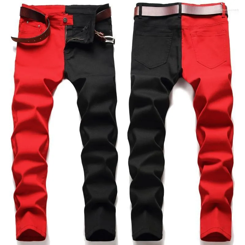 Mäns jeans män man 2022 amerikansk stil mode sömmar smala tvåfärgade röda och svarta trend stretchbyxor denim byxor 1266