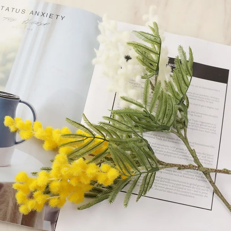 Flores artificiales de Acacia falsa de 38cm, espray de Mimosa amarilla, rama de fruta de cereza, decoración de mesa para el hogar, flor falsa