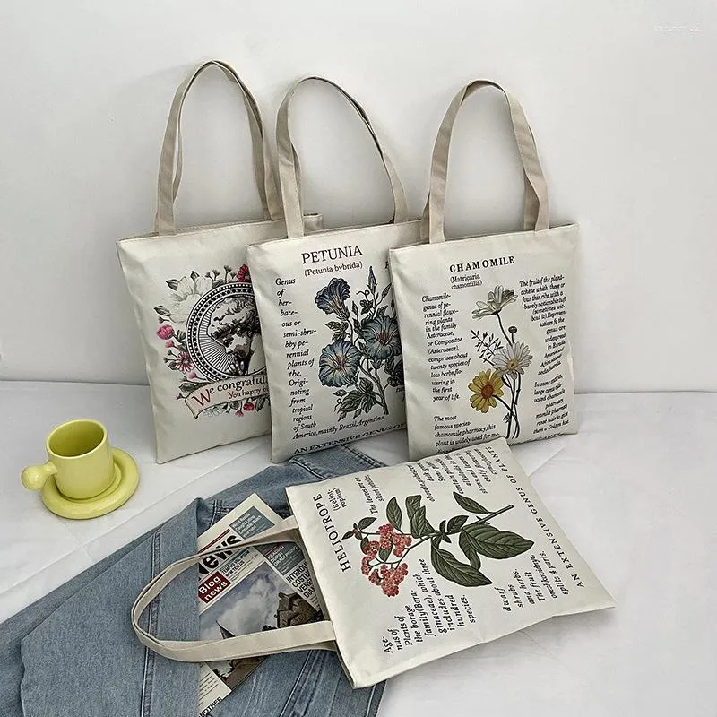 Evening Bags 2022 Vintage Zipper Shoulder Bag Women Large Canvas Tote Casual Flower Letters Print Shopping Ladies Eco Purses Handbag