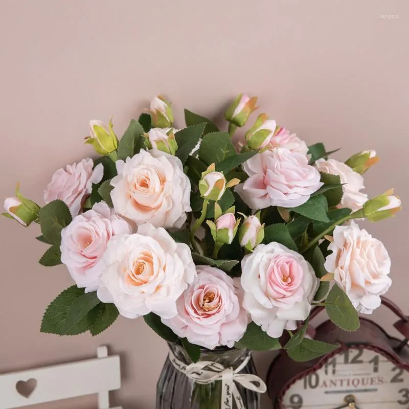 Fleurs décoratives 5 pièces artificielle bricolage crème Rose fleur fausse plante verte décoration de mariage fête décor à la maison