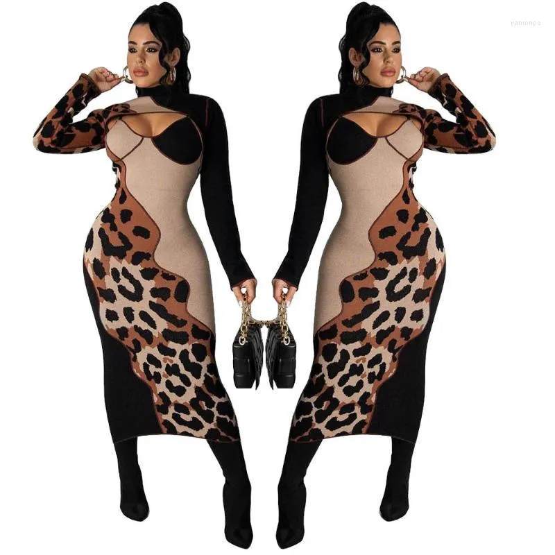 Casual Dresses Sexy Leopard Patchwork Dress 2022 Autumn Winter Turtleneck Trend Printing Fashion Clothing For Women Party Wholesale