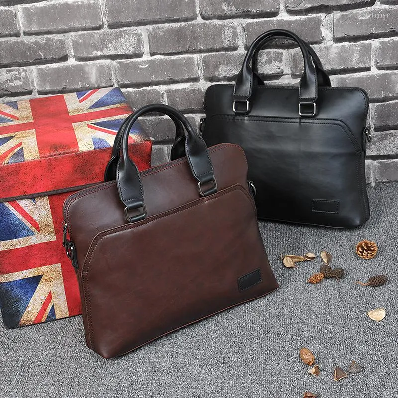 Bortkroppar Business Office Portcase Menpu Leather Tote Computer Laptop Bag Male Vintage Handväska Leisure Stora axelväskor Brown 2022 SAC