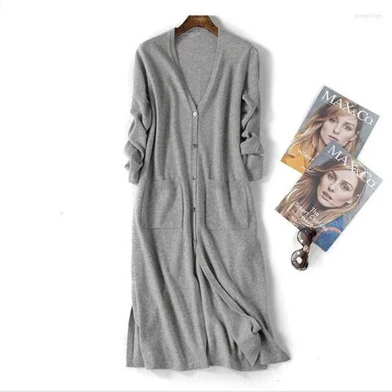 Femmes Tricots Tricoté Cachemire Cardigan Femmes 2022 Automne Hiver Double Poche Pull Col En V Femme Robe Pull Femme Hiver Casual Long