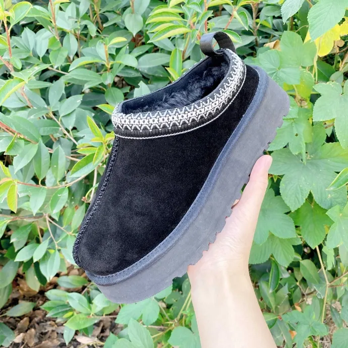 Vrouw sneeuwschoenontwerper enkelschoenen tazz schoenen echt lederen luie bont laarzen dikke bodem winter platforms schoenen slip-on warme laarsjes kastanje