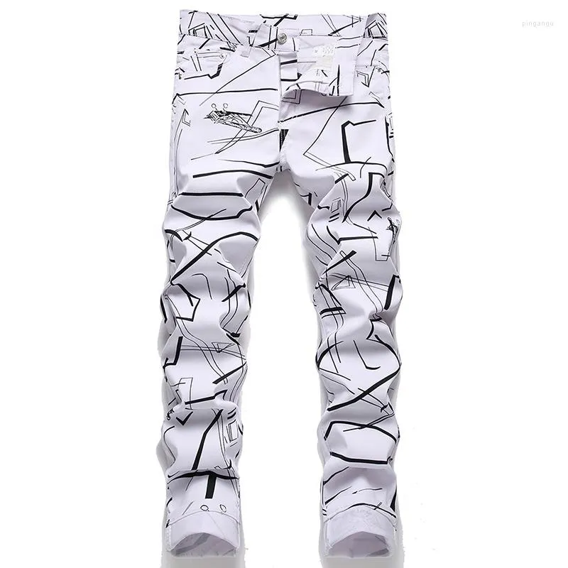 M￤ns jeans Slim Fit Men's Skinny White Fashion Casual Elastic Cotton Denim Pants Summer Street Geometry Print Trousers Pantalones